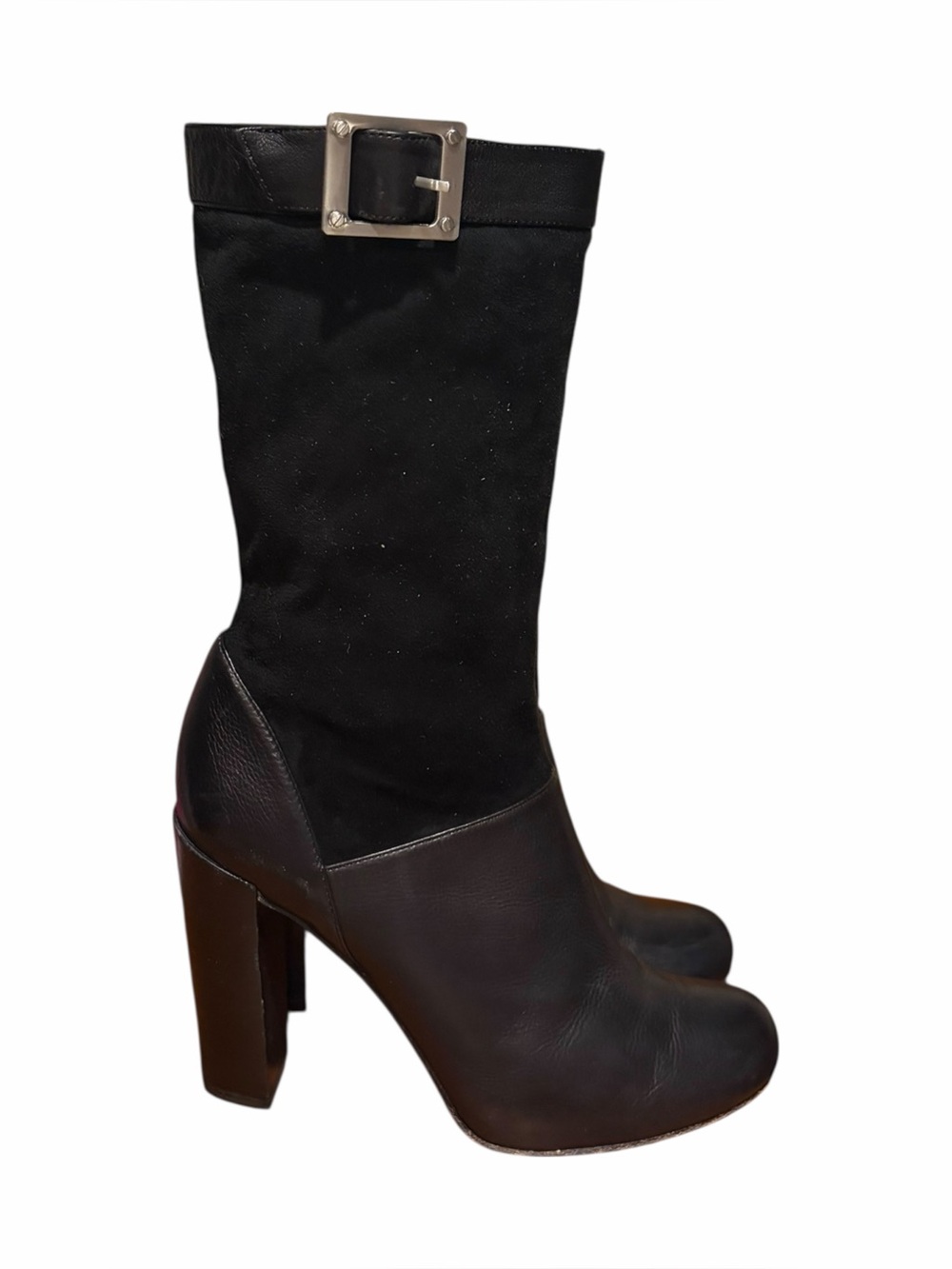 Rachel Zoe Black Mid-Calf High Heel Boots with Buckle Accent